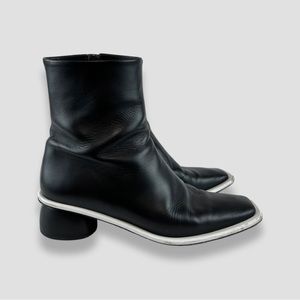 Black Leather Ankle Booties with Contrasting Trim